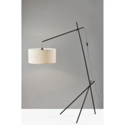 Adesso Varick Arc Lamp Black: Adjustable Boom Arm, Beige Linen Shade, ETL Listed, 73" Height