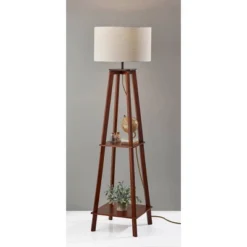 Adesso Kirby Shelf Floor Lamp Walnut Wood: Modern Design, Linen Shade, 3-Way Rotary Dimmer Switch