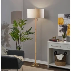 Madeline Floor Lamp Natural Rubberwood Antique Brass - Adesso
