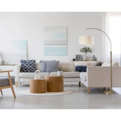 Adesso Barton Arc Lamp Antique Brass: Oatmeal Linen Shade, ETL Listed, 75.5" Height