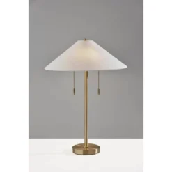 Adesso Claremont Table Lamp Antique Brass: Off-White Linen Shade, Dual Pull Chain, ETL Listed